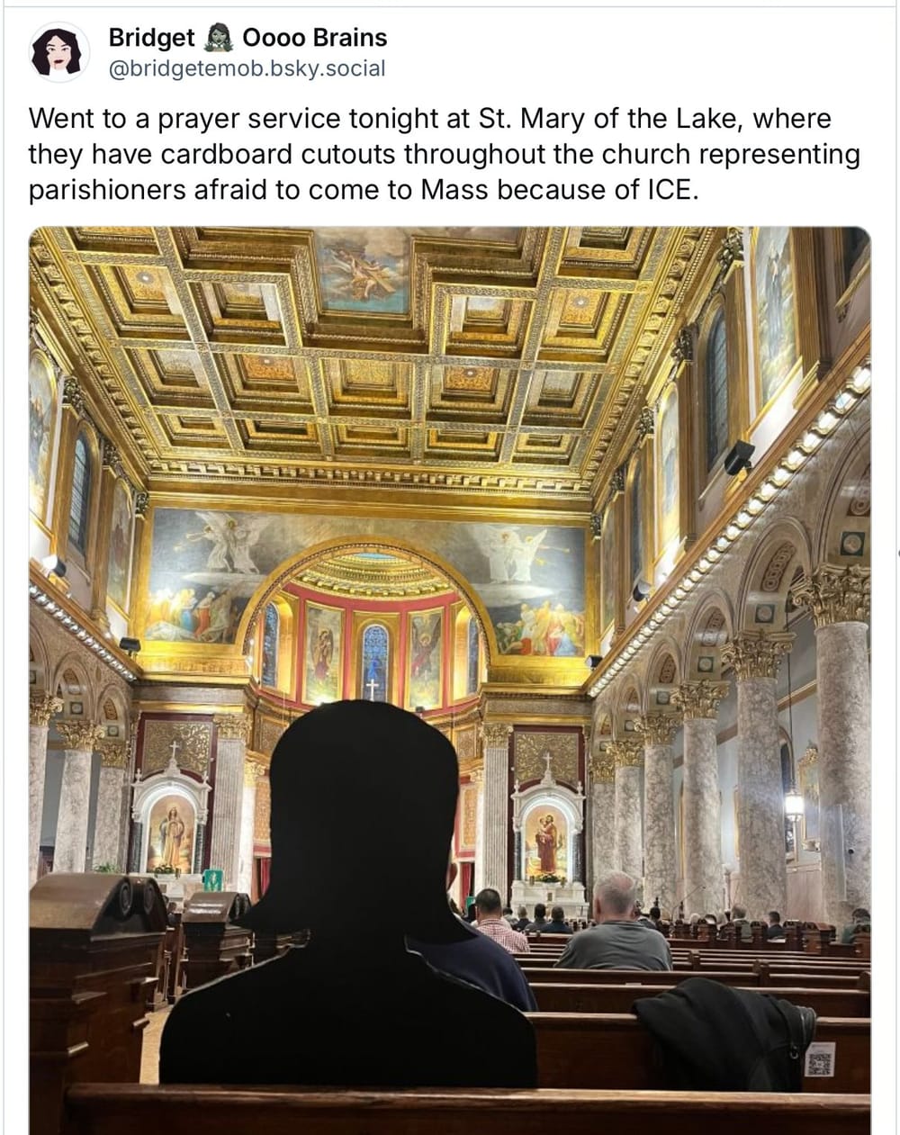 prayer service with cardboard cutouts representing parishioners afraid to come to Mass because of ICE