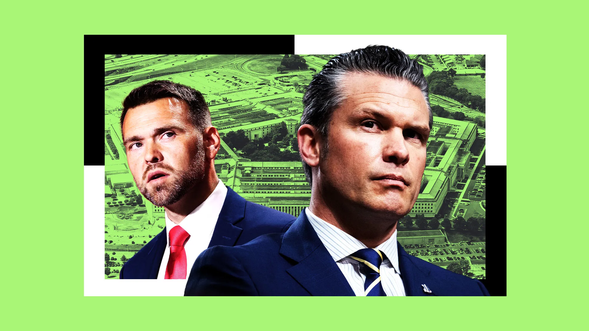 After the author contacted the Pentagon for comment, he heard from far-right influencer Jack Posobiec (left).Mother Jones illustration; Jen Golbeck/SOPA/Zuma; Gage Skidmore/Zuma; Tom Williams/CQ Roll Call/Zuma