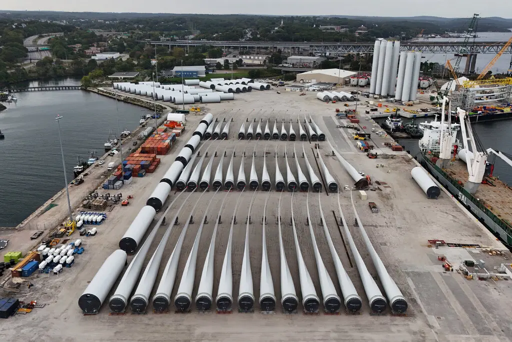 Parts for the construction of Revolution Wind, one of five projects the Trump administration paused on Monday.Credit...Brian Snyder/Reuters