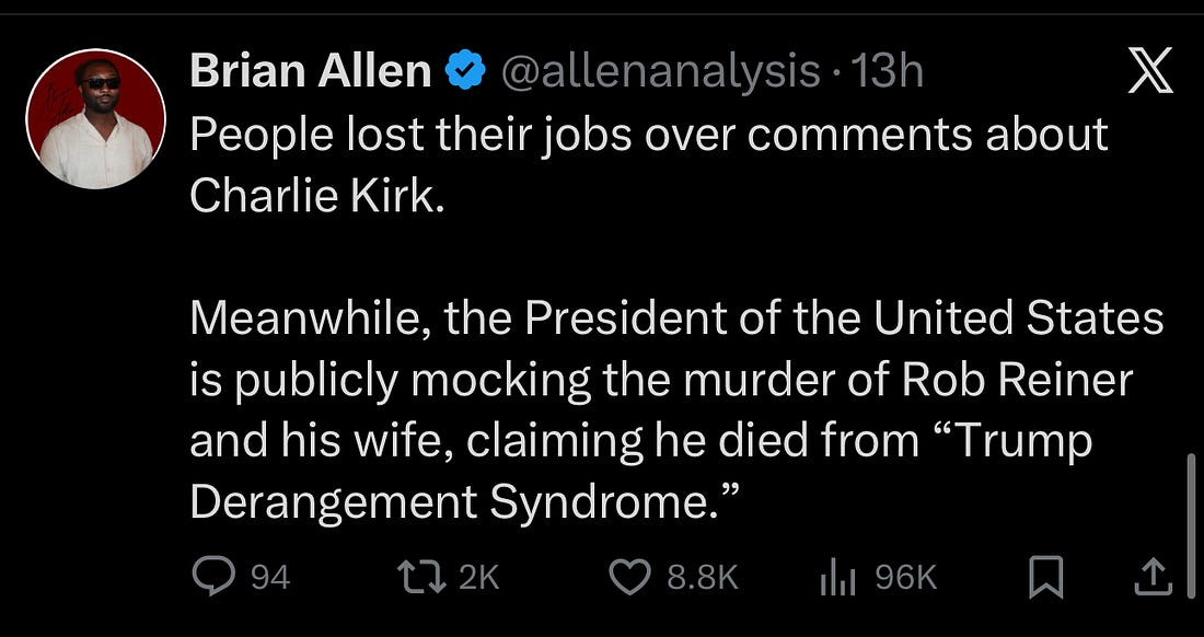 Brian Allen tweet Kirk Trump Reiner TDS Brian Allen tweet Kirk Trump Reiner TDS