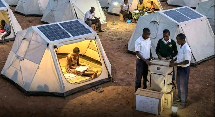 Uganda portable solar powered shelters fold into backpacks