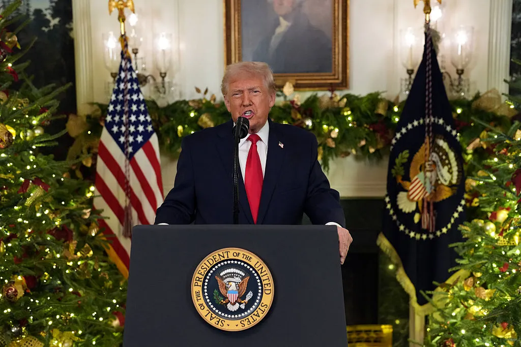 President Trump addresses the nation from the White House on December 17, 2025. (Photo by Doug MILLS / POOL / AFP via Getty Images)