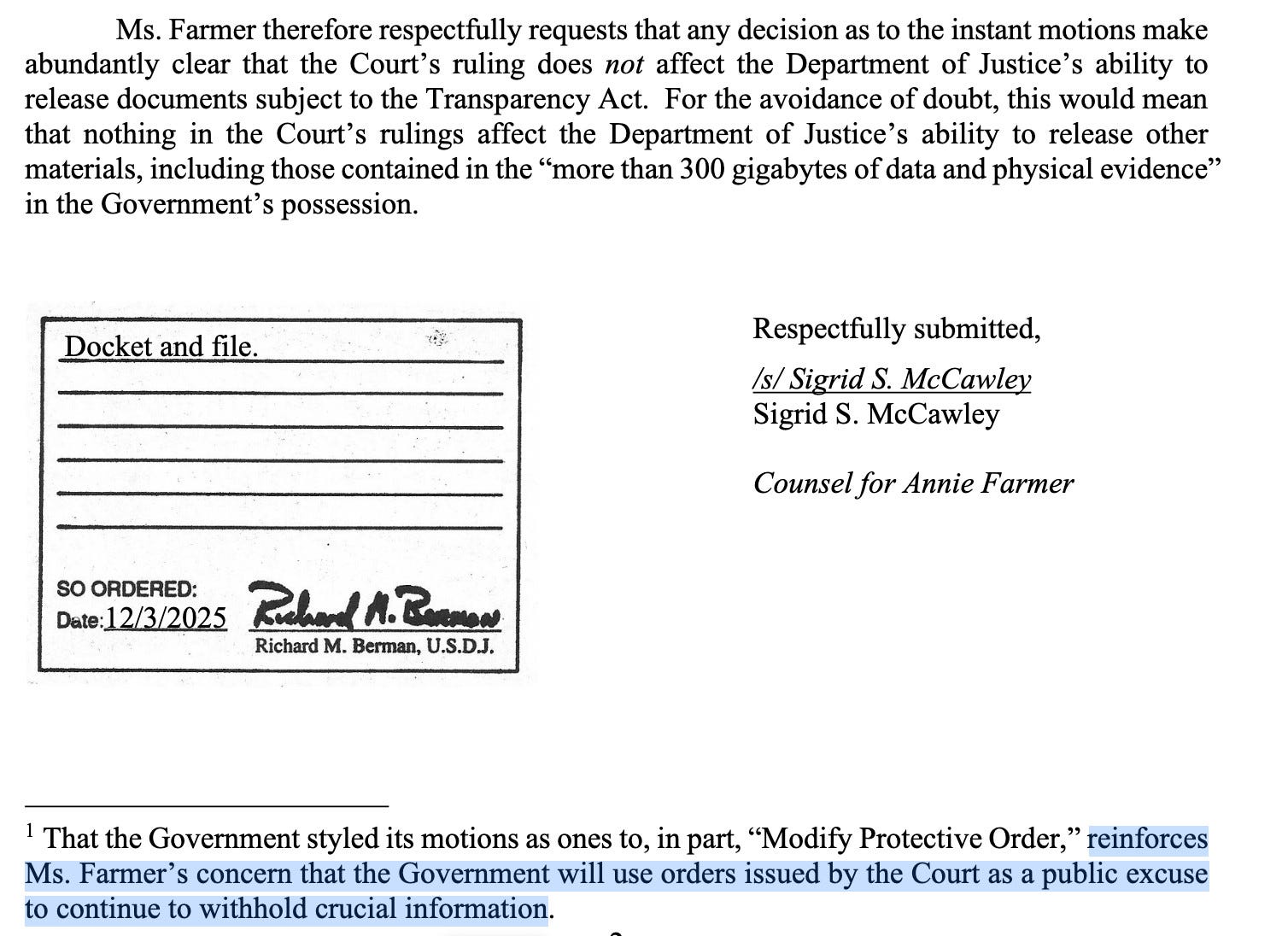 Epstein survivor Annie Farmer court letter