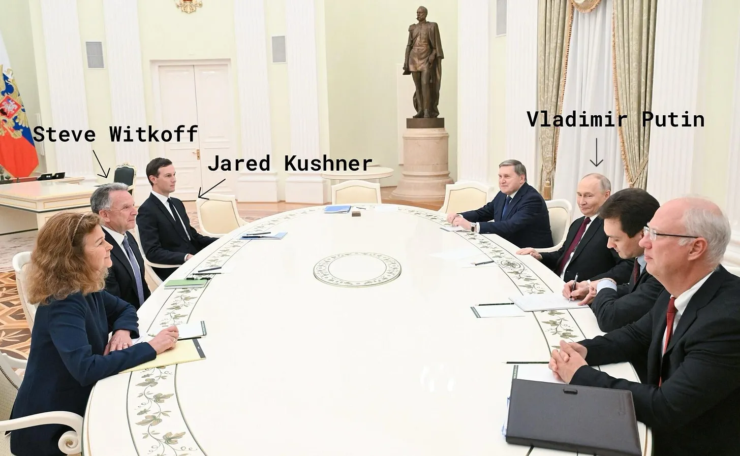 Russian President Vladimir Putin begins a meeting with special envoy Steve Witkoff and Jared Kushner in Moscow on December 2, 2025. (Kremlin Press Office/Anadolu via Getty Images) Russian President Vladimir Putin begins a meeting with special envoy Steve Witkoff and Jared Kushner in Moscow on December 2, 2025. (Kremlin Press Office/Anadolu via Getty Images)