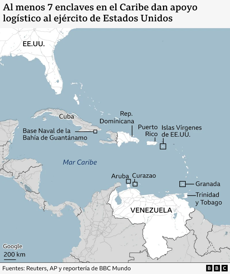 Maps showing the Caribbean islands that are helping the US in its military operations against Venezuelan boats