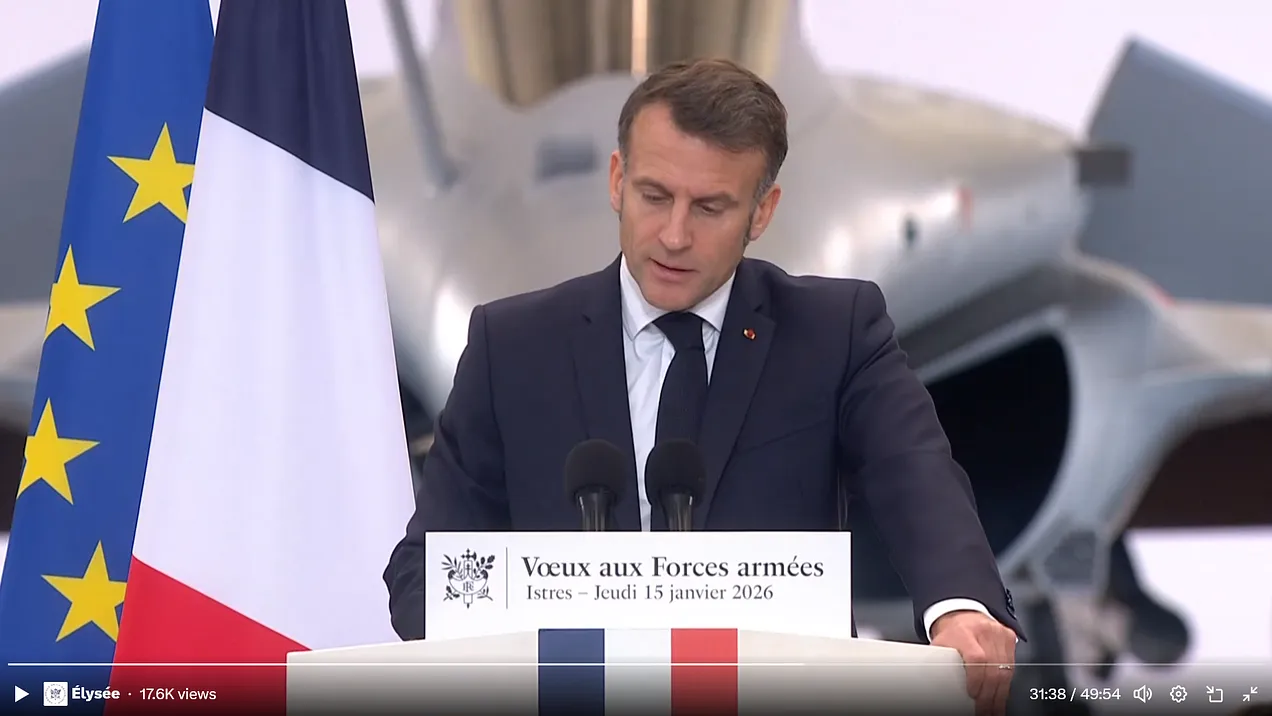 Macron speaking at Istres. Still from Élysée video.