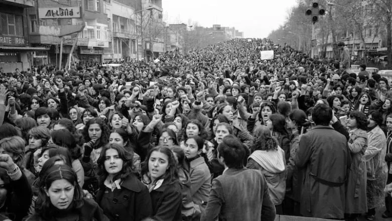 Tehran 1979. The veiling order has just come down. Four years later, it will be LAW. 100,000 women hit the streets in protest. Men jeering them dangled their penises out windows and screamed, “This is what you really want!” Image in the public domain.