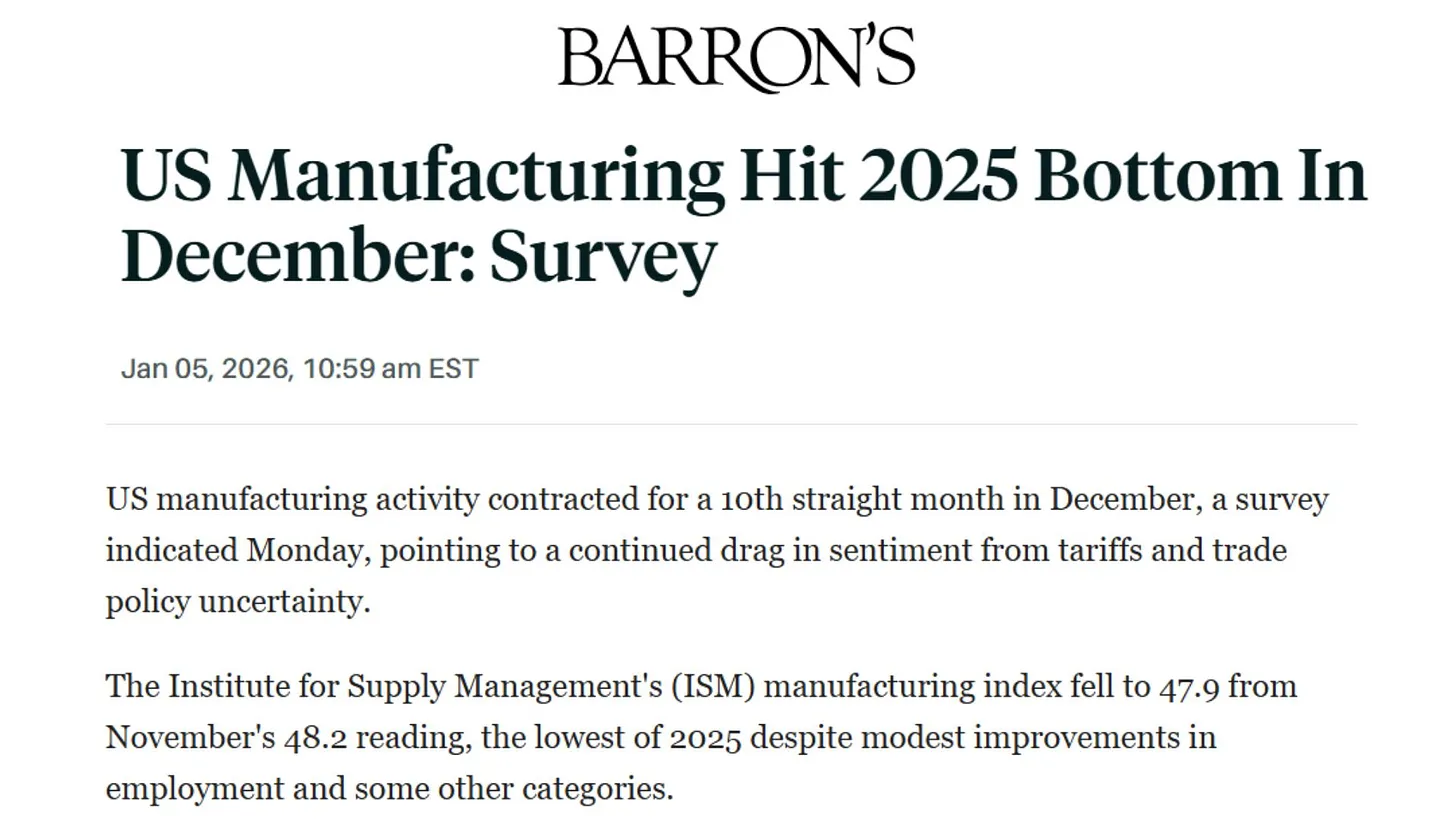 Barron's: U.S. Manufacturing hit bottom in December