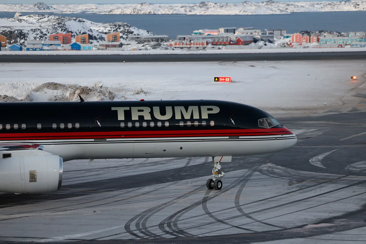 An aircraft allegedly carrying Donald Trump Jr. arrives in Nuuk, Greenland on January 7, 2025. (Photo by Emil. Stach/Ritzau Scanpix/AFP via Getty Images)