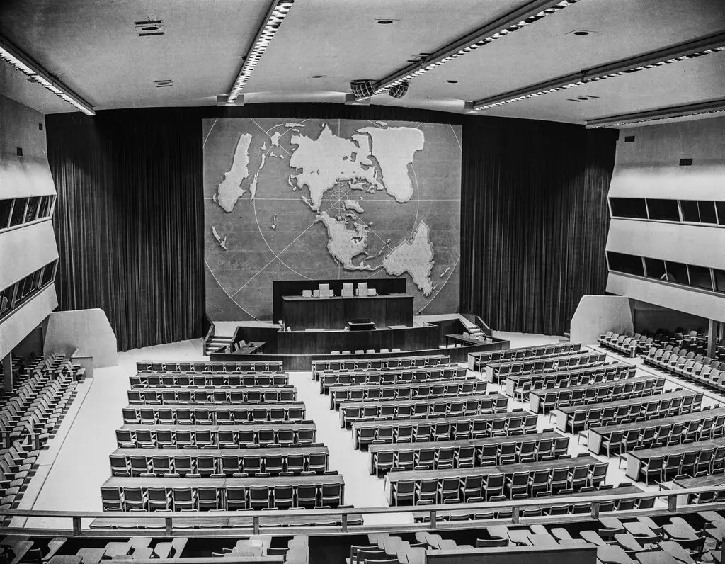 A United Nations chamber in New York City around 1947.Credit...FPG/Getty Images