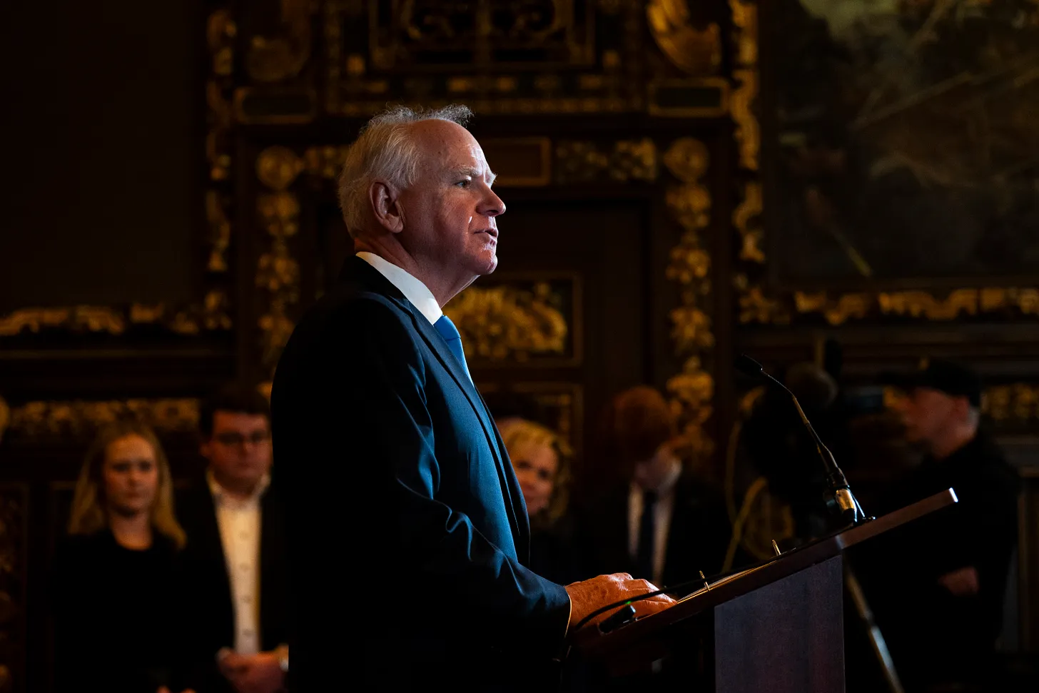 Minnesota Gov. Tim Walz speaks during a press conference at the State Capitol building on January 5, 2026 in St. Paul, Minnesota, where he announced he will be ending his re-election campaign for governor. (Photo by Stephen Maturen/Getty Images)