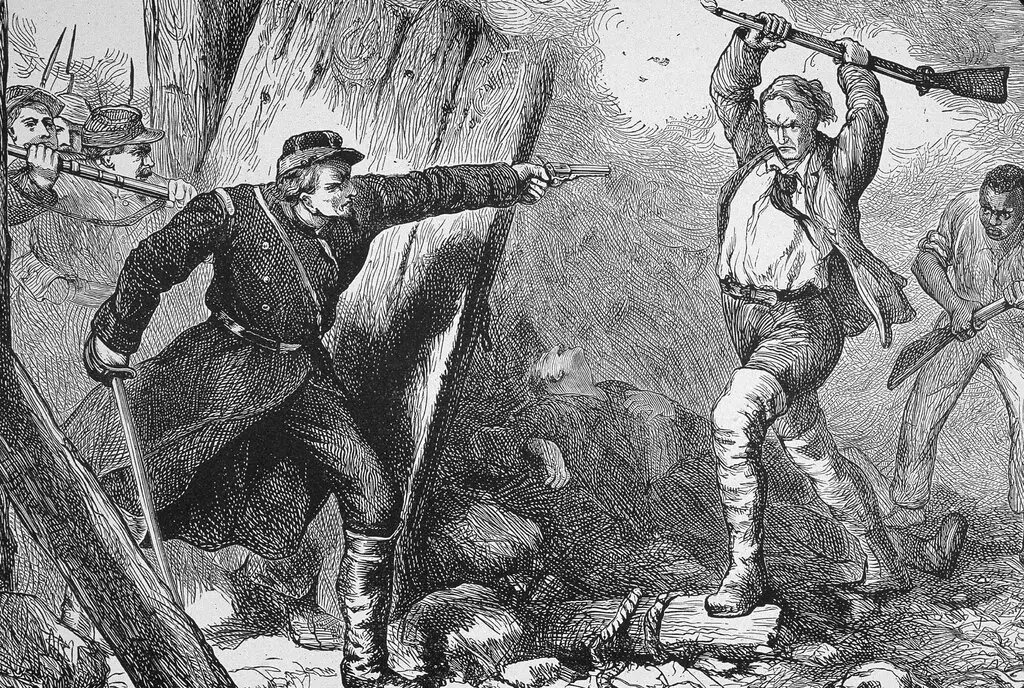 An illustration of John Brown’s 1859 raid of a federal arsenal at Harpers Ferry.Credit...Kean Collection/Getty Images