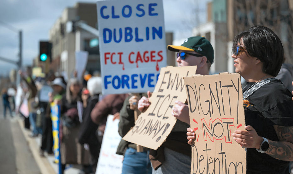 About 500 protestors gathered near FCI Dublin to protest the proposed plan to turn it into an ICE on March 1, 2025. (Brooke Anderson)