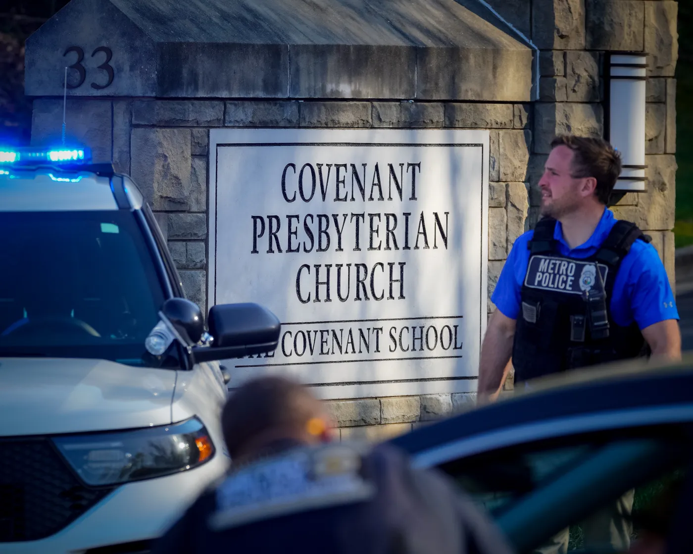 Nashville police block the entrance of the Covenant School after three children and three adults were killed in Nashville, Tennessee, on March 27, 2023. (Photo by Benjamin Hendren/Anadolu Agency via Getty Images)