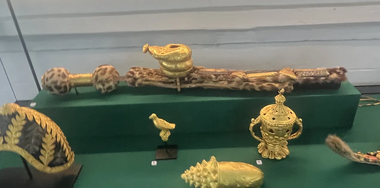 The leopard-fur-covered mponponsuo sword sits on display in Kumasi, Ghana. It was part of a collection of looted Asante objects loaned back to Ghana from the Victoria and Albert Museum. Photo taken Fall 2024.