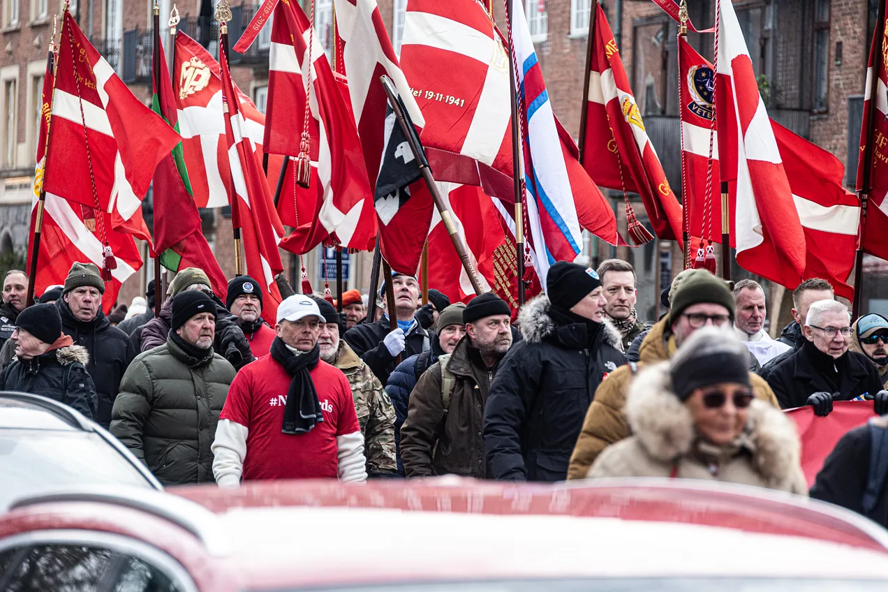 Danish veterans march outside the US embassy in Copenhagen in protest of Trump’s denigration of their service in Afghanistan. (Kristian Tuxen Ladegaard Berg/NurPhoto via Getty)