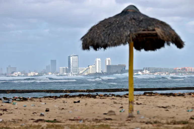 Strong waves crash along the coast in Havana, Cuba, on February 23 [Ernesto Mastrascusa/EPA]