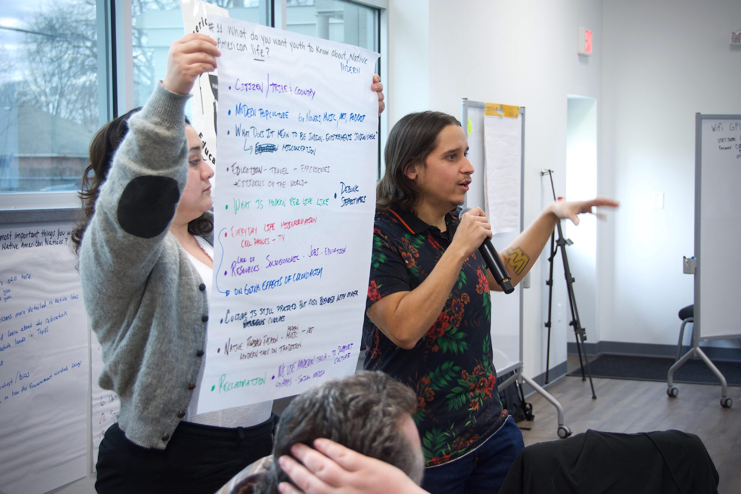 Course writers, Lena Wolfinger-Martinez and Stephen Silva Brave (Sicangu Lakota), displayed their poster at an American Indian/Native Studies planning event held Feb. 8, 2020. Credit: Courtesy of Durango Mendoza