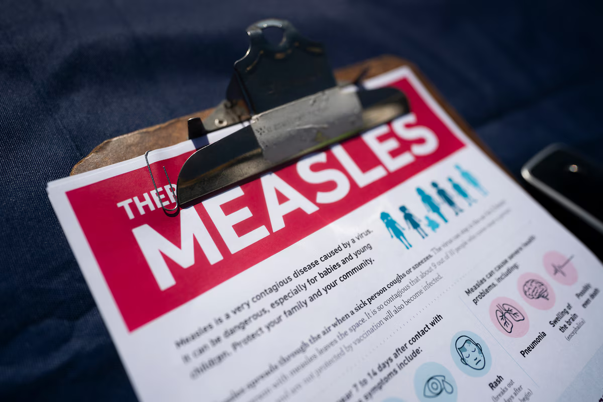 A fact sheet for measles at a Spartanburg, South Carolina, mobile clinic offering free vaccinations on Feb. 6. (Sean Rayford/Getty Images)