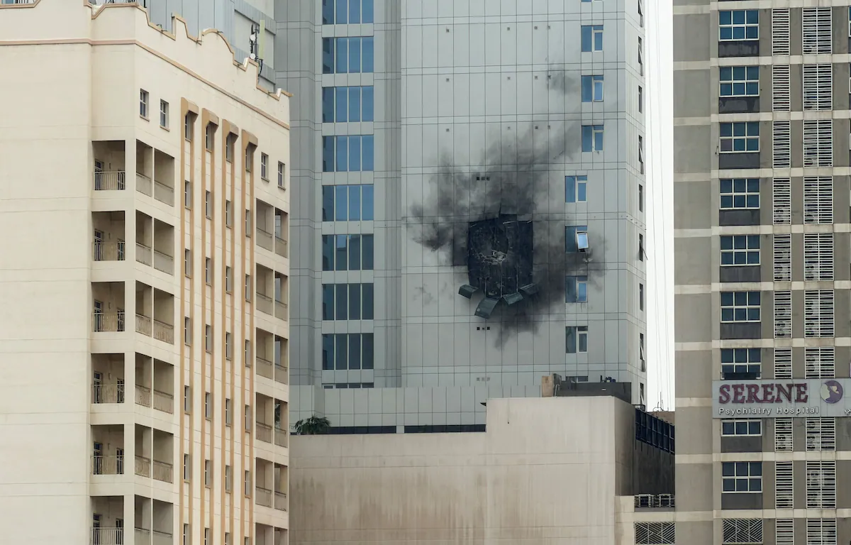 A building beside the U.S. Navy’s 5th Fleet headquarters in Juffair, Bahrain, was damaged by an Iranian attack drone over the weekend. (Reuters)