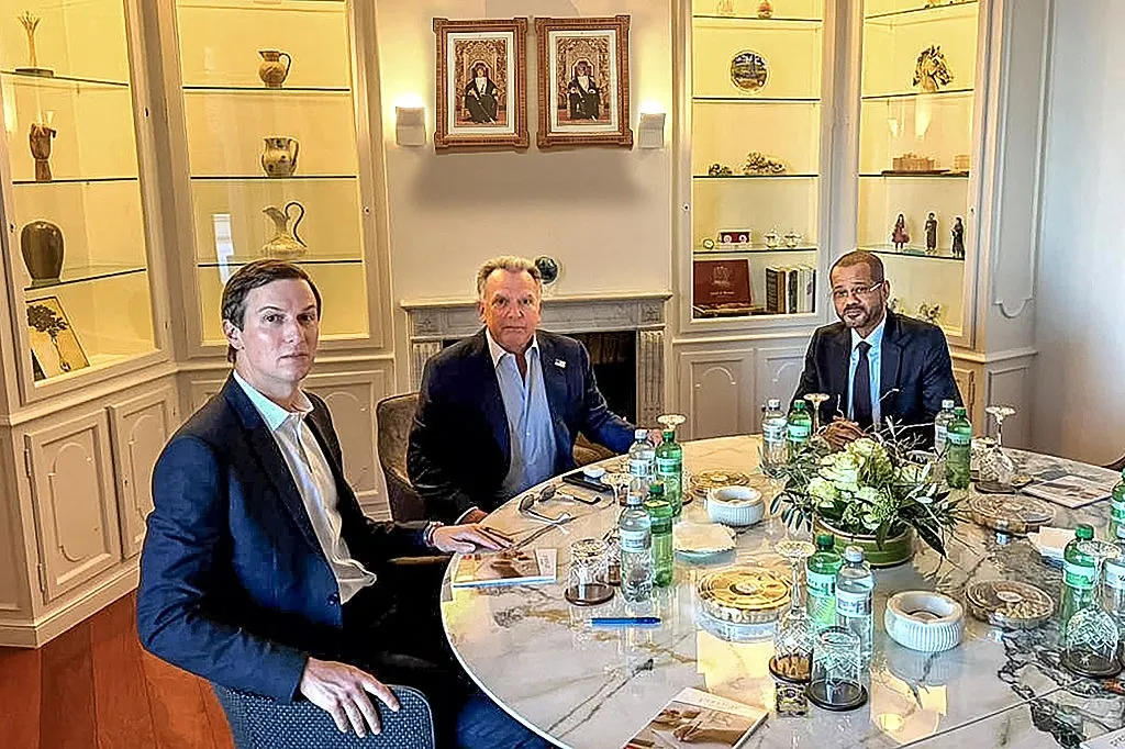 Special Representative Steve Witkoff (C) and Jared Kushner (L) meet with Omani Foreign Minister Badr bin Hamad Al Busaidi (R), who is mediating between the parties in Iran-U.S. negotiations held in Geneva, Switzerland, on February 26, 2026. (Umman Foreign Ministry/Handout/Anadolu via Getty Images)