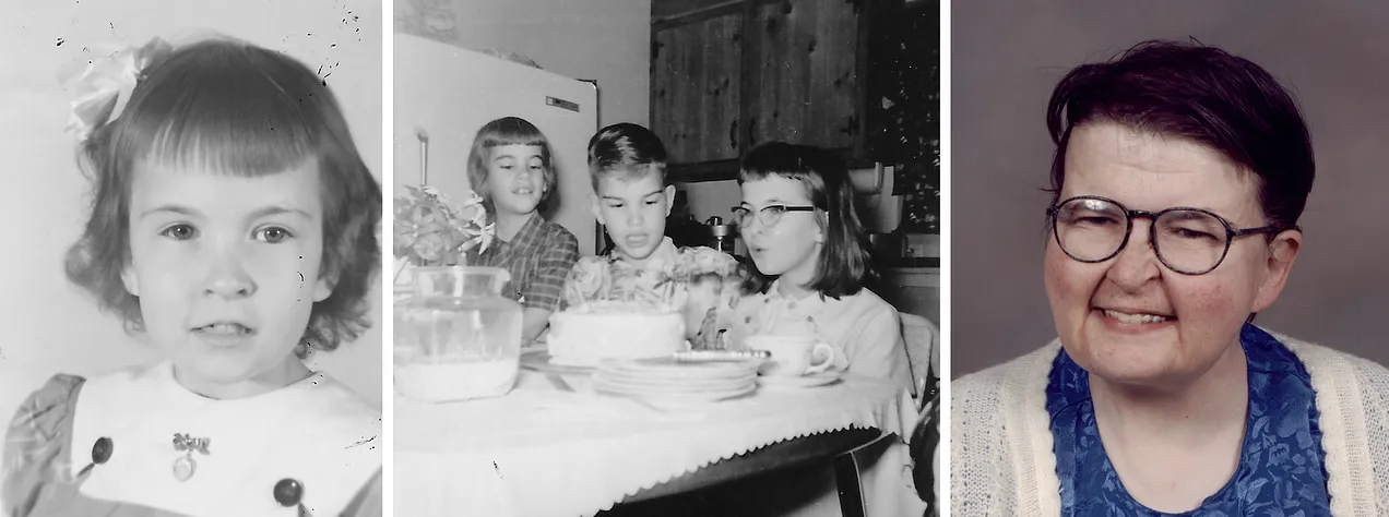 Nancy Cartier, sister of Therese Vogel—as a child, with family, and as an adult. (Courtesy of Therese Vogel)