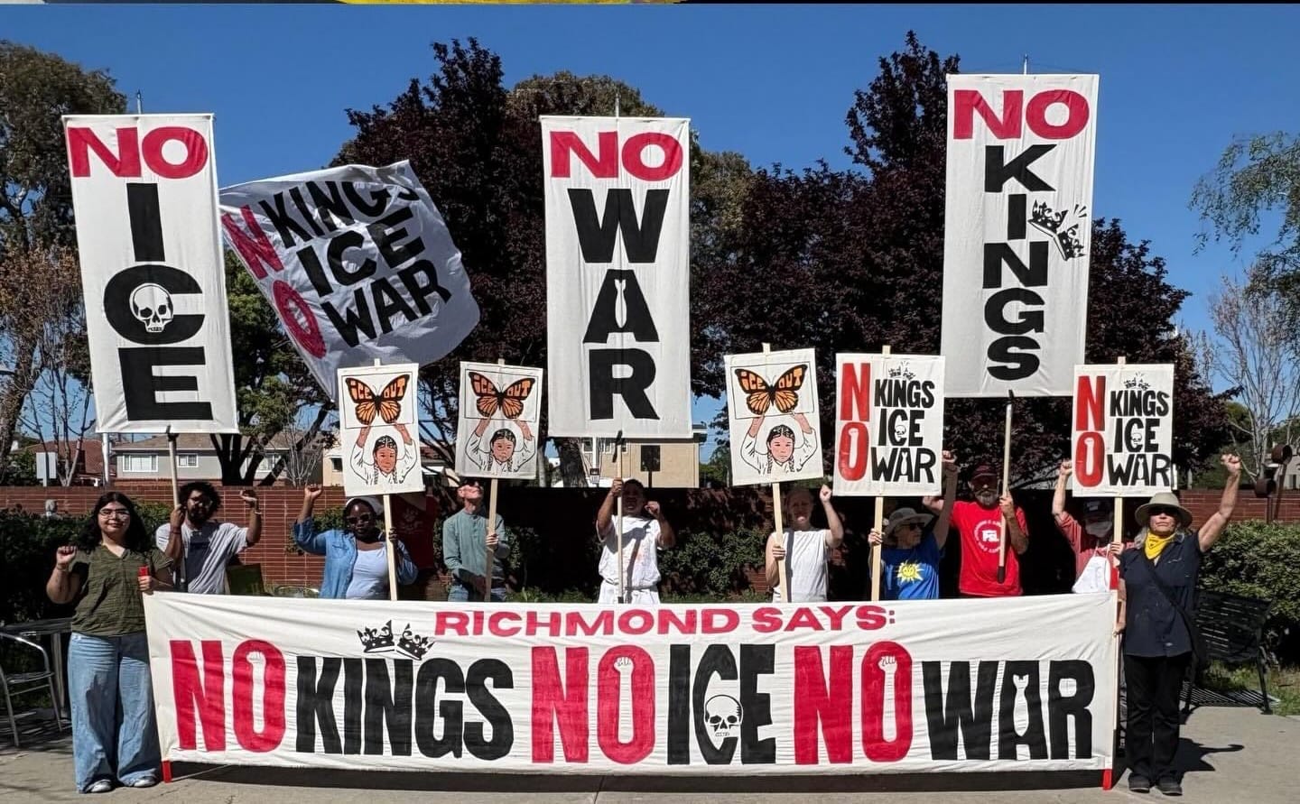 Richmond, California, shows up for No Kings. Picture courtesy of David Solnit, who led the making of the big banners.