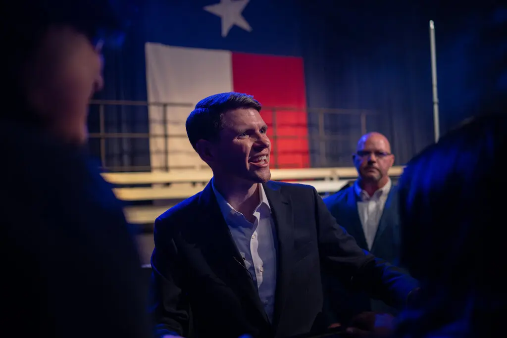 Texas State Representative James Talarico at his victory party after securing the Democratic nomination for the U.S. Senate in the Texas primary election, in Austin, Texas.Credit...Tamir Kalifa for The New York Times