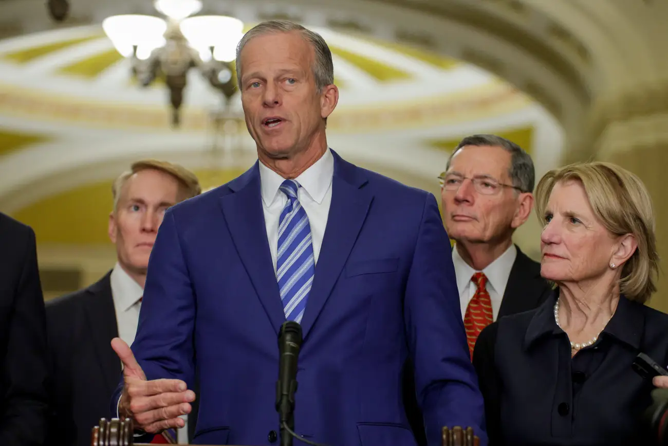 Senate Majority Leader Sen. John Thune speaking during a news briefing after a weekly Senate Republican Policy Luncheon on March 24. Alex Wong/Getty Images Senate Majority Leader Sen. John Thune speaking during a news briefing after a weekly Senate Republican Policy Luncheon on March 24. Alex Wong/Getty Images