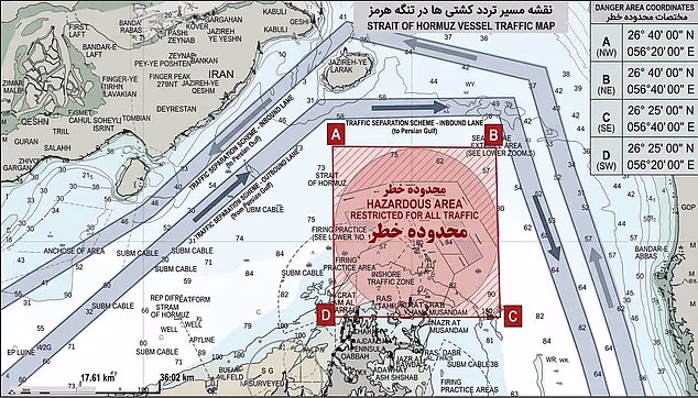 Charts published by semi-official news agencies ISNA and Tasnim on Thursday showed a large circle marked 'danger zone' in Farsi over the Traffic Separation Scheme