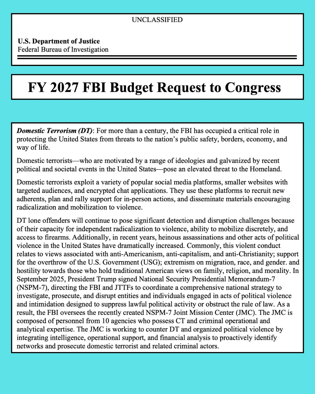2027 "domestic terrorism" budget 2027 "domestic terrorism" budget