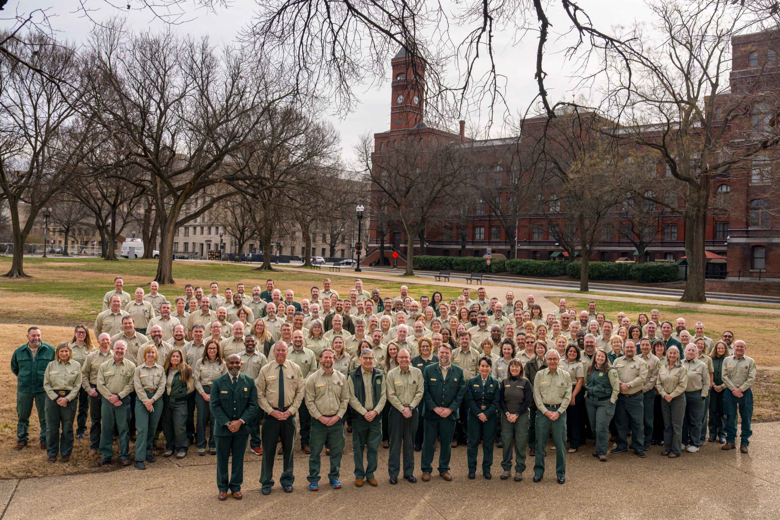 Forest Service staff gather outside the agency's headquarters in the Sidney R. Yates Federal Building in Washington, D.C. in January 2026. As part of the administration's sweeping changes, the Forest Service's headquarters will leave DC and relocate to Salt Lake City, UT (photo: Preston Keres / USDA).