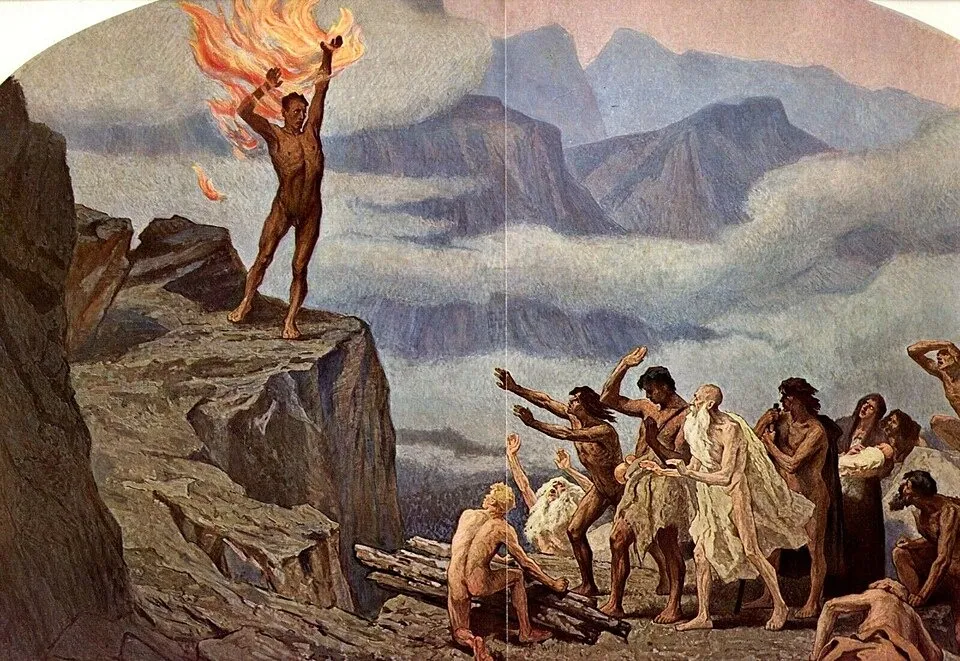 Hugo Vogel: Prometheus bringt den Menschen das Feuer. Weltausstellung 1910 in Brüssels. Public domain, via Wikimedia.