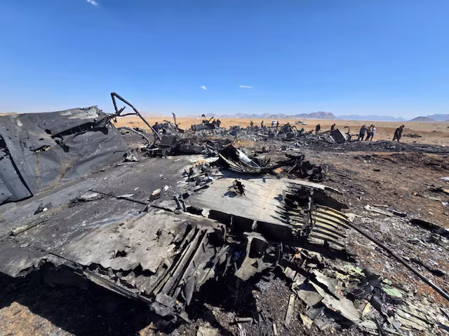 An image released on April 5, 2026, and obtained from social media appears to show wreckage of an American aircraft and a helicopter rotor in Isfahan, Iran, which forensic imagery analyst William Goodhind said is consistent with a U.S. MC‑130J or HC‑130J, amid the U.S.-Israeli conflict with Iran. Social Media/via REUTERS
