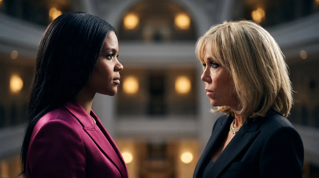 In an AI-generated image created by Objection.ai, podcaster Candace Owens faces off against Brigitte Macron, the first lady of France.