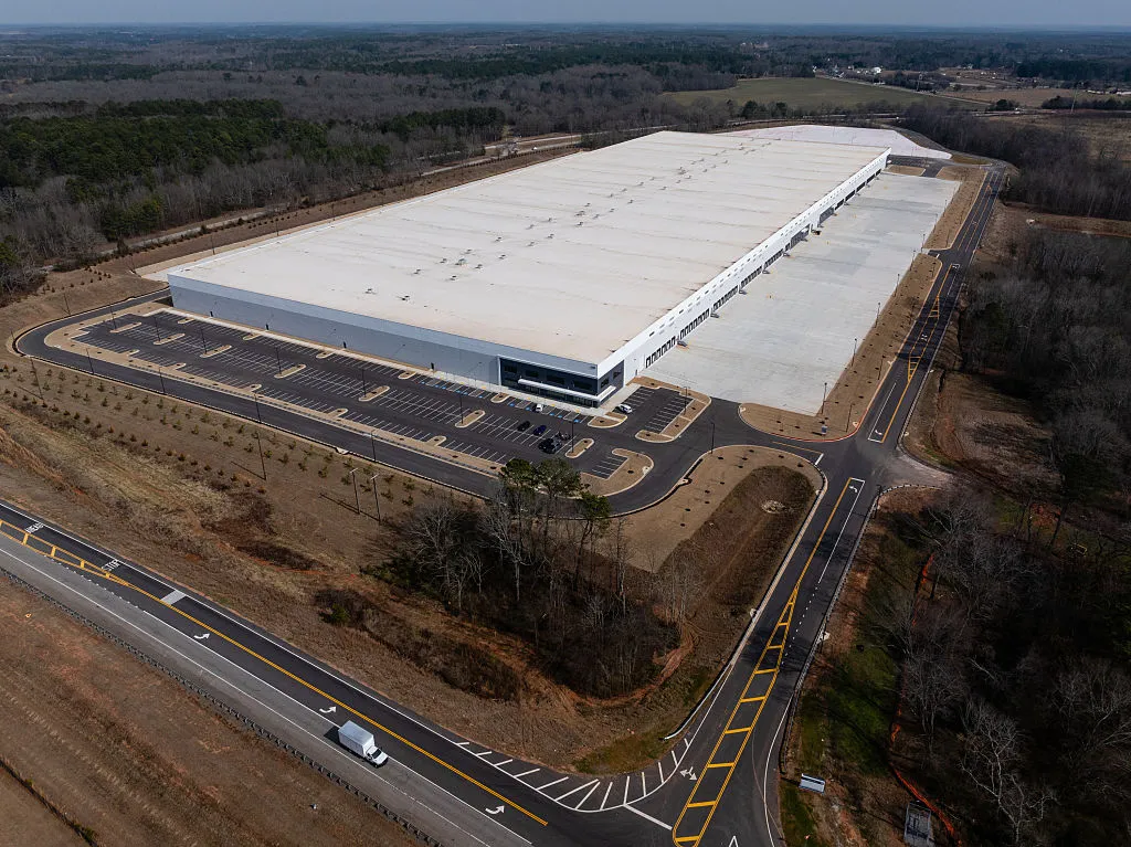 An industrial warehouse recently purchased by Immigration and Customs Enforcement (ICE) for use as a detention center is seen on February 10, 2026, in Social Circle, Georgia. (Elijah Nouvelage/Getty Images)