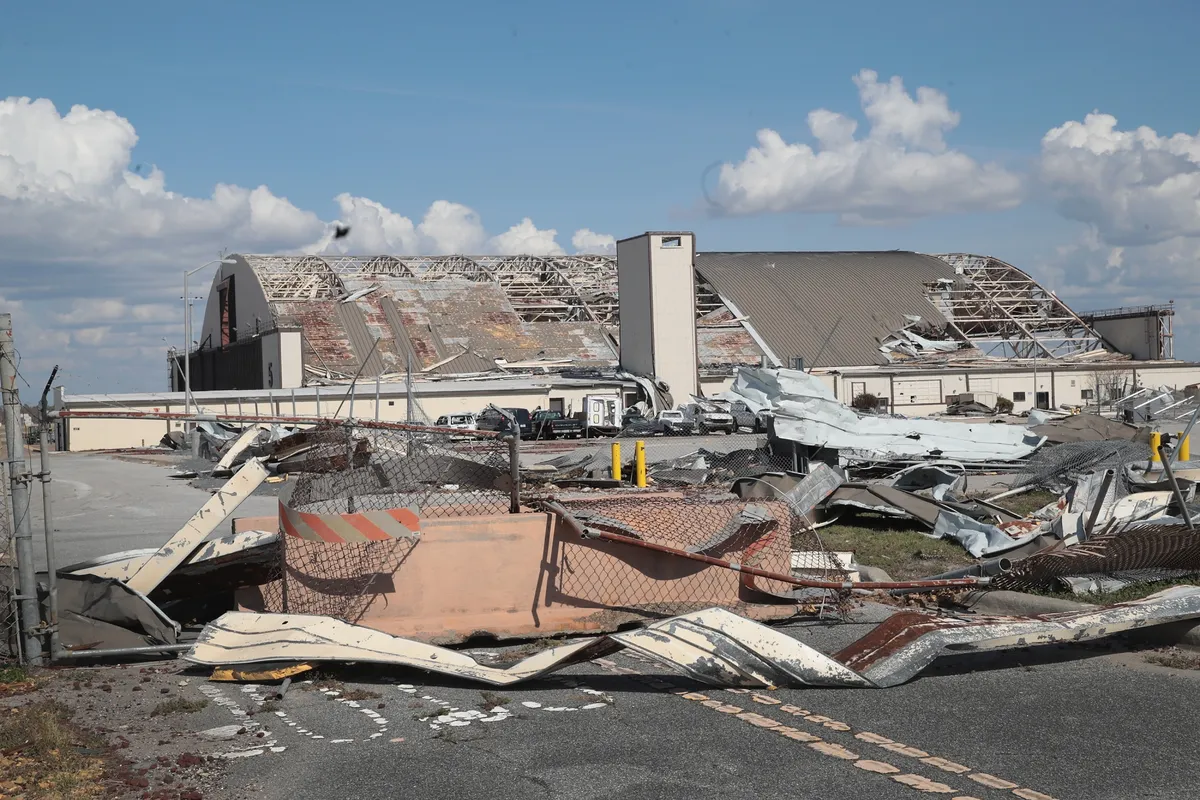 Debris litters Tyndall Air Force Base following Hurricane Michael in 2018.Photographer: Scott Olson/Getty Images via Getty Images North America