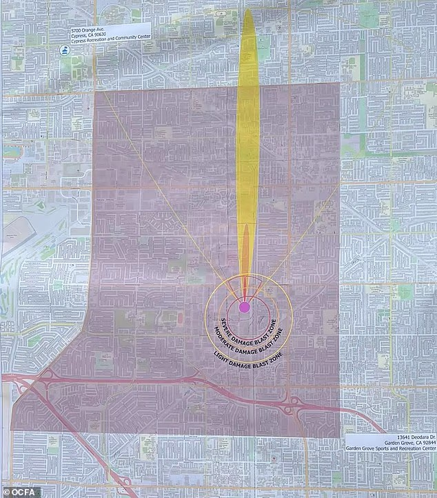 Officials released a new map showing the potential blast zones of a chemical tank on the verge of exploding at an aerospace facility in Garden Grove, California