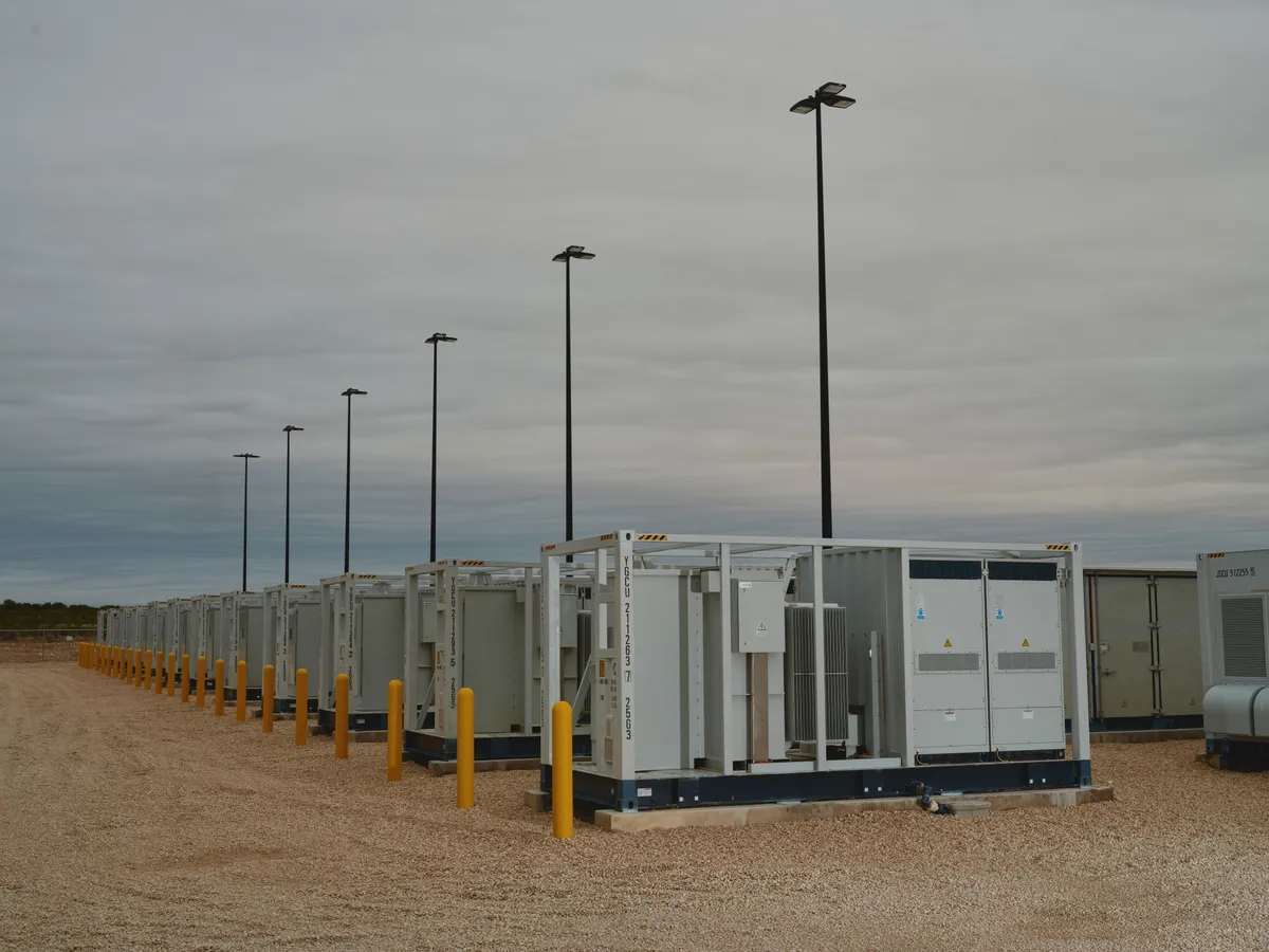 Lithium-ion energy storage batteries at the Roadrunner solar plant, owned and operated by Enel Green Power, near McCamey, Texas, US, on Friday, Nov. 10, 2023. In just three years, oil-rich Texas has added the solar equivalent of 12 nuclear reactors, putting it on the cusp of surpassing the California as the top producer of electricity from solar farms.Photographer: Jordan Vonderhaar/Bloomberg