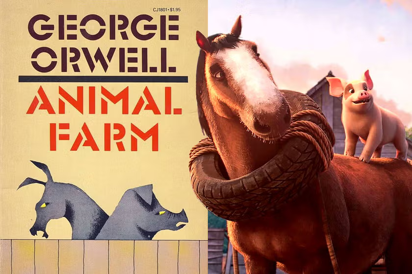 Animal Farm - Photo illustration by Slate. Images via Secker & Warburg and Angel Studios.