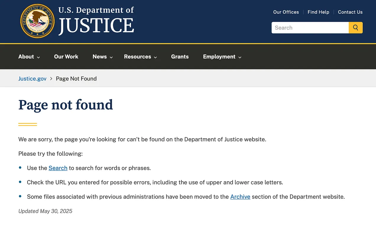 DOJ page not found