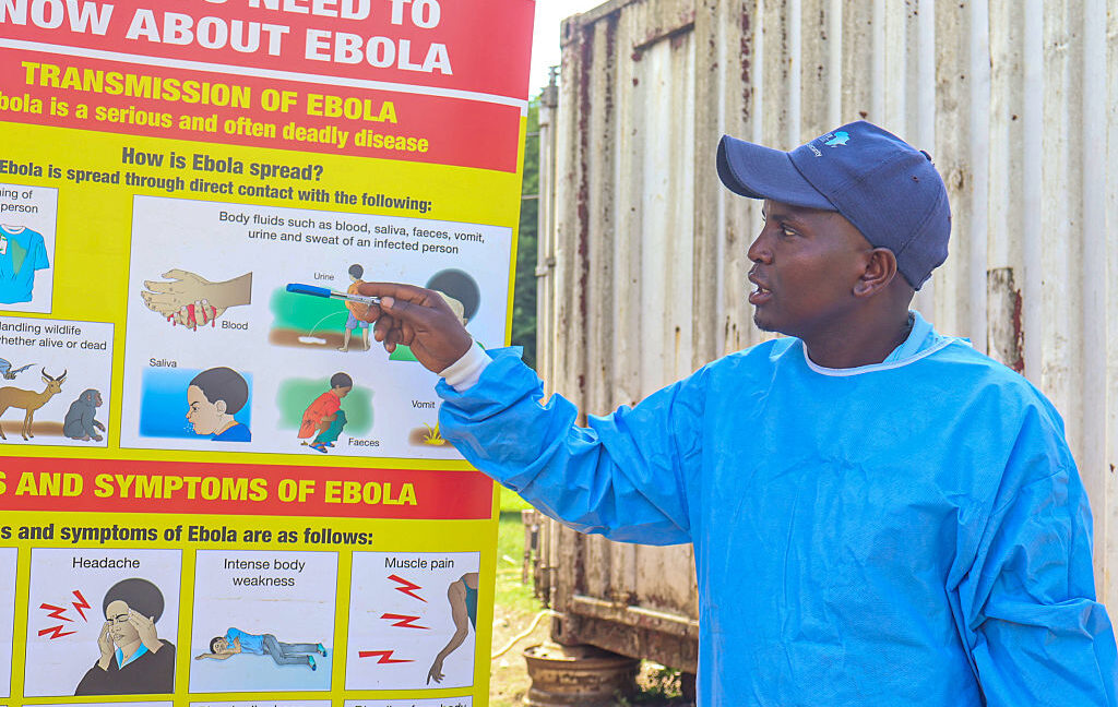 BUNAGANA, UGANDA - MAY 29: Uganda increases health screening and security measures at border crossings due to rising Ebola cases in Bunagana, Uganda, on May 29, 2026. At the Bunagana border post, travelers entering Uganda undergo temperature checks and health screening, while hygiene rules and handwashing procedures are strictly enforced. Health workers also provide frequent information on Ebola prevention measures. (Photo by Nicholas Kajoba/Anadolu via Getty Images) Credit: Getty | Nicholas Kajoba