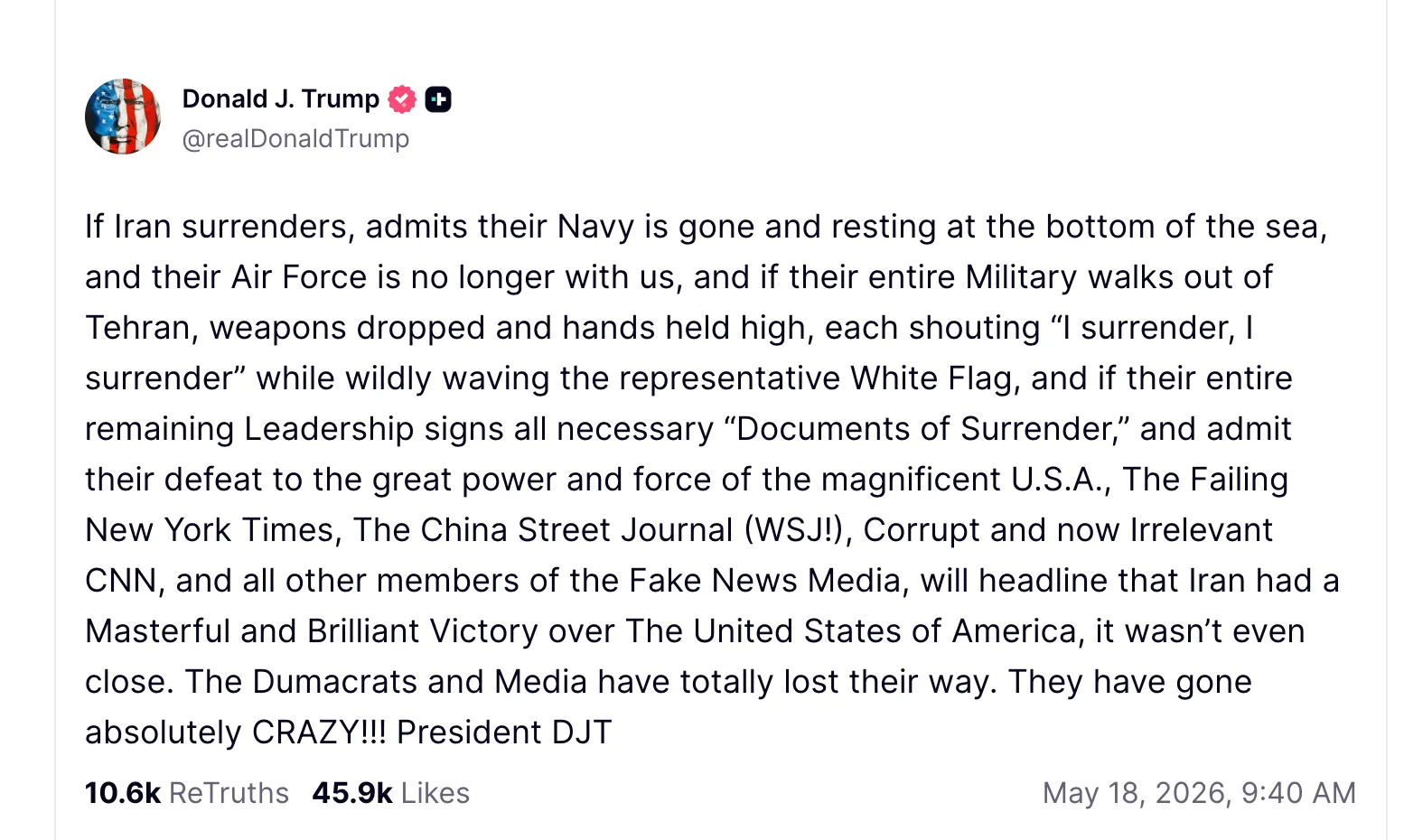 May 18, 2026 DJT 'Truth' May 18, 2026 DJT 'Truth'