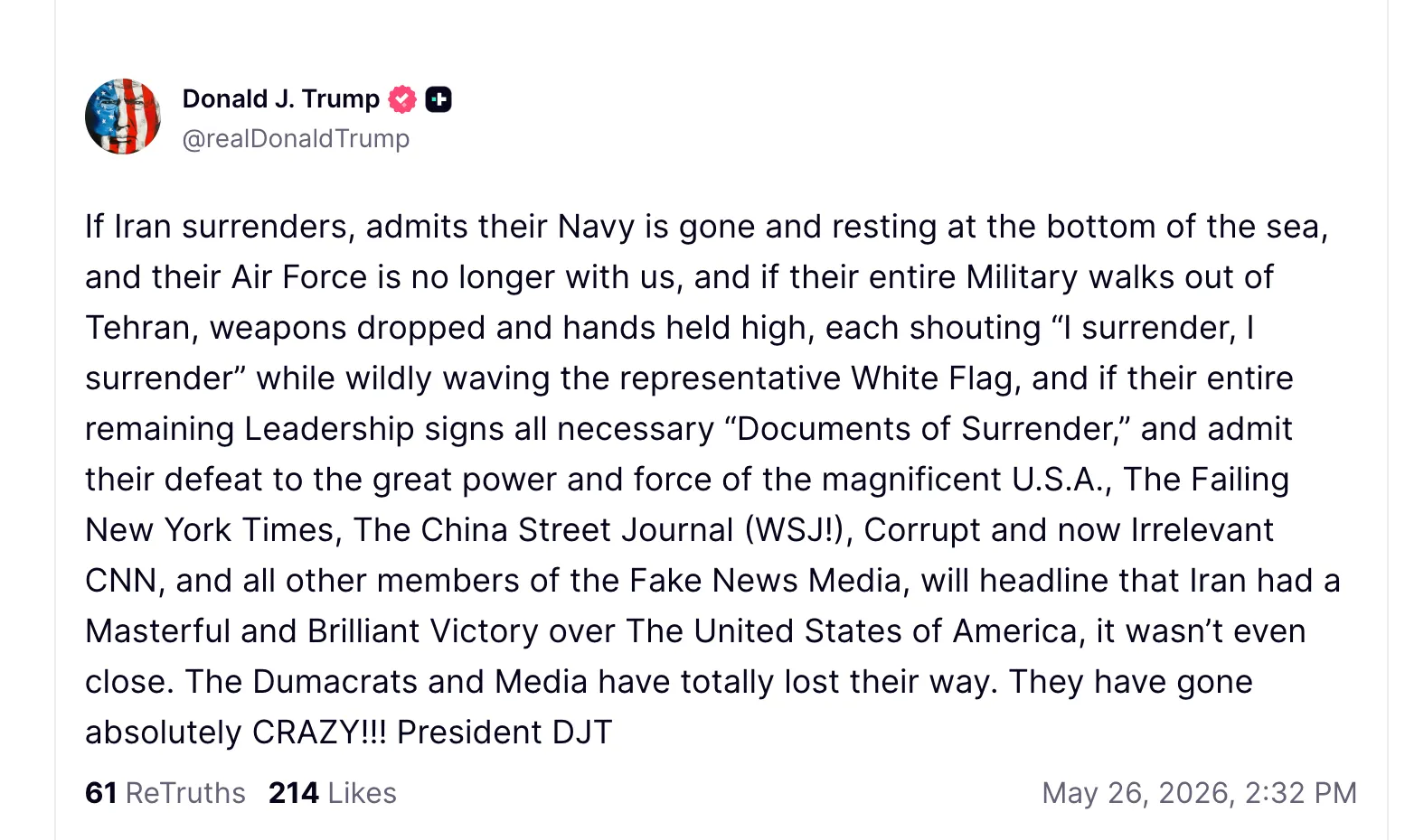 May 26, 2026 DJT 'Truth' May 26, 2026 DJT 'Truth'