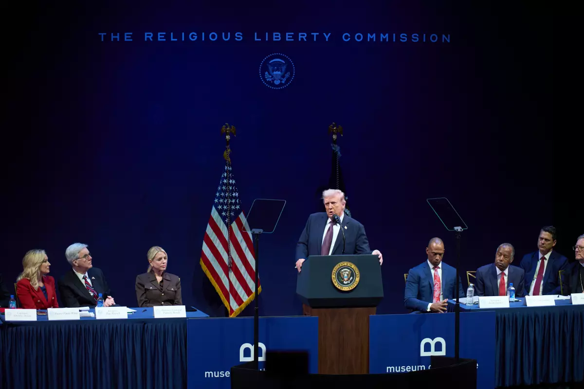 President Trump addresses the White House Religious Liberty Commission at the Museum of the Bible in Washington on Sept. 8, 2025. (Evan Vucci / Associated Press)