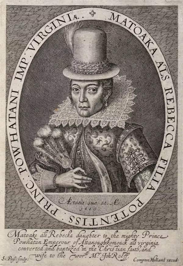 Simon van de Passe’s 1616 engraving of Pocahontas is the only known portrait made during her lifetime. National Portrait Gallery/Wikimedia Commons