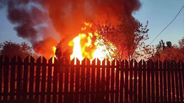 A building is engulfed in flames following Ukraine’s long-range drone strikes on Moscow © @vorobiev_live/Telegram/AFP/Getty Images