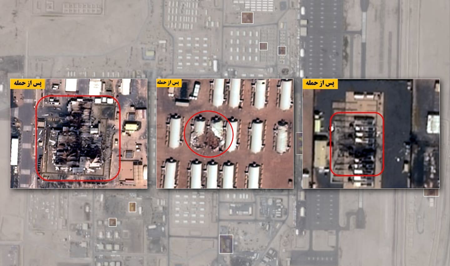 mages of damage to Camp Buehring in Kuwait, released and annotated by Iranian state-affiliated media. (Washington Post illustration; Center row: Iranian state-affiliated media; Background: Planet, with Post annotation)