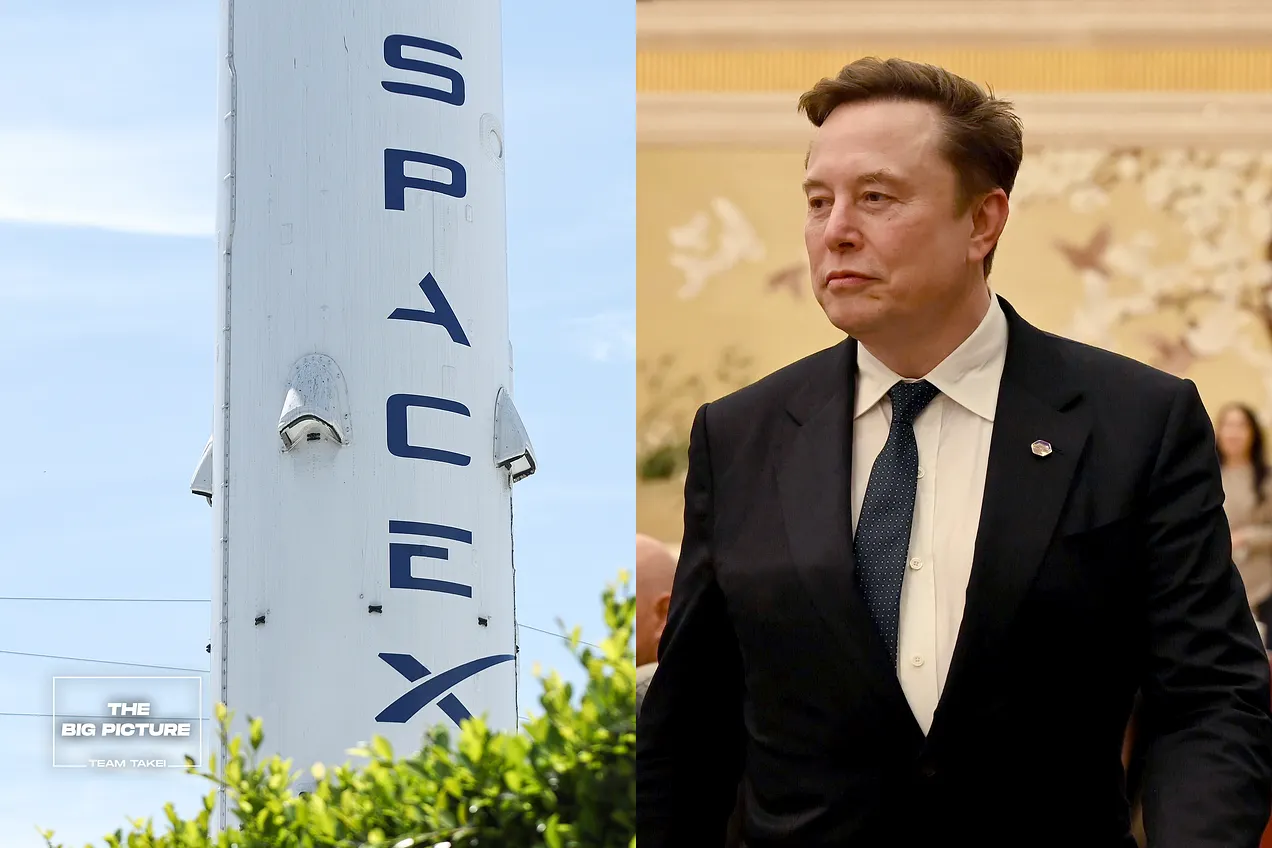 LEFT: SpaceX signage outside the Space Exploration Technologies Corp. facility. Photo by Michael Yanow/NurPhoto via Getty Images. RIGHT: Tech billionaire and Tesla founder Elon Musk. Photo by Johannes Neudecker/picture alliance via Getty Images.