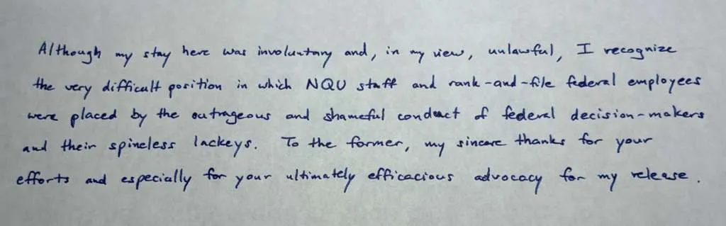 A note left by former MV Hondius passenger upon departing the NQU.